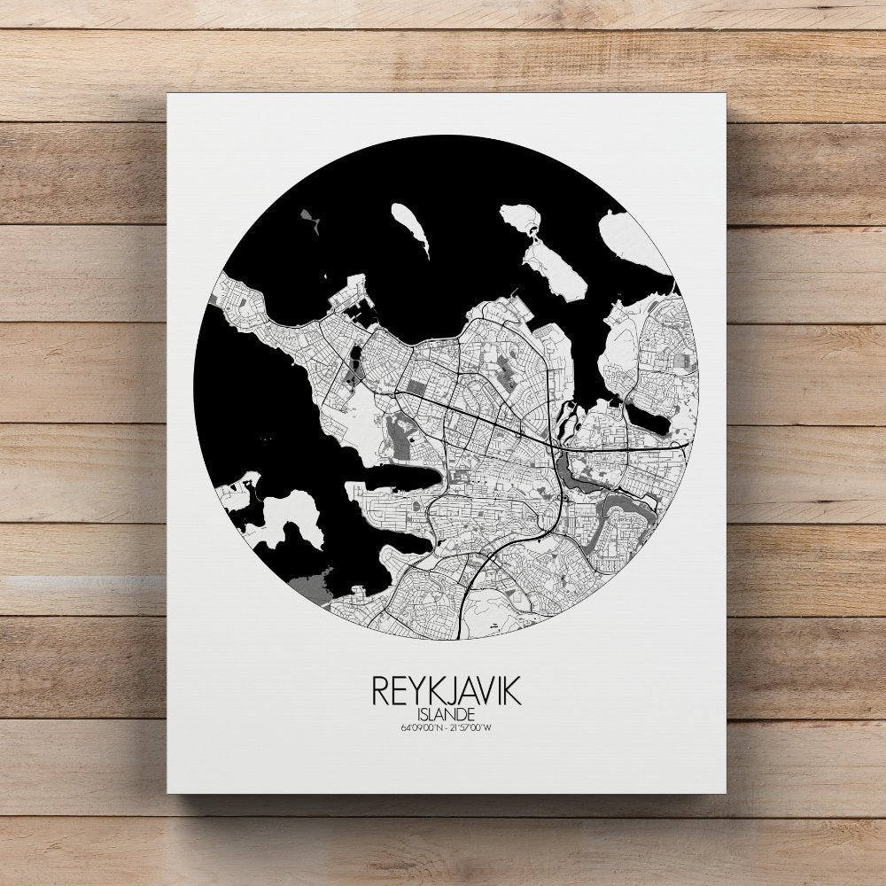 Mapospheres reykjavik Black and White round shape design canvas city map