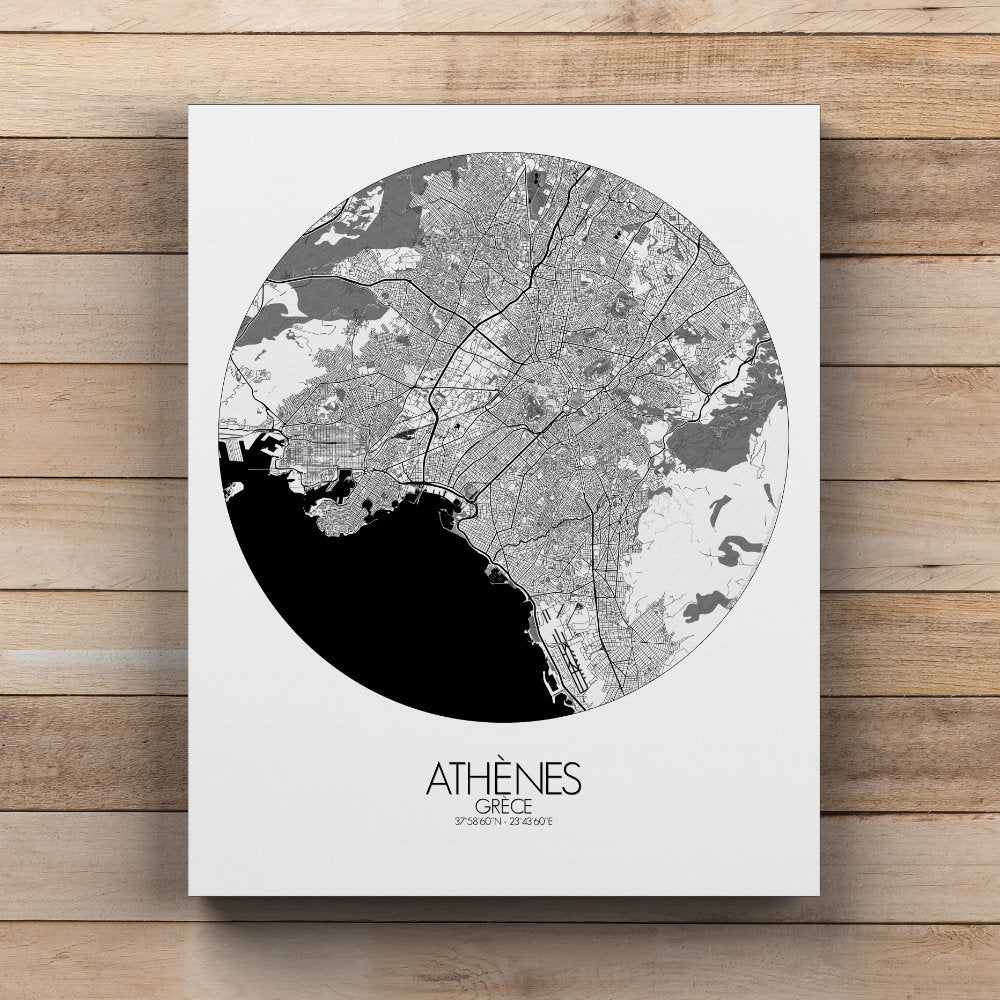 Mapospheres athens Black and White round shape design canvas city map