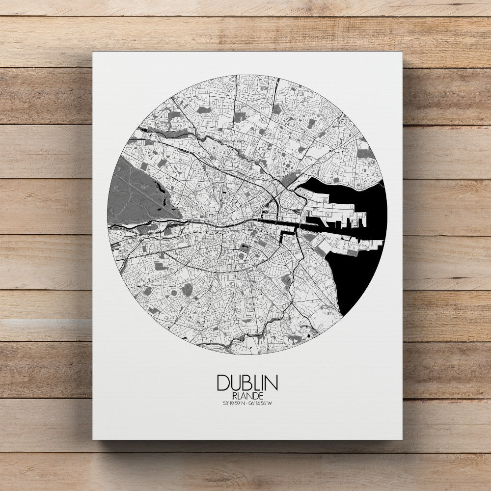 Mapospheres dublin Black and White round shape design canvas city map