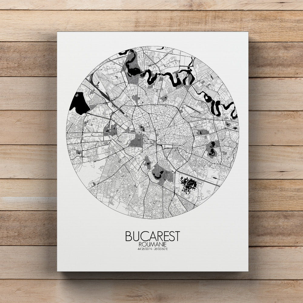 Mapospheres bucharest Black and White round shape design canvas city map