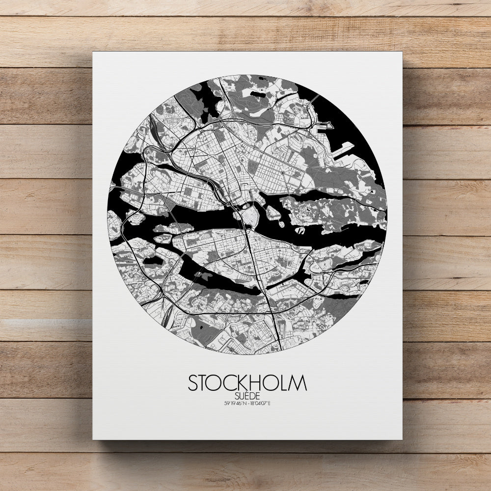 Mapospheres stockholm Black and White round shape design canvas city map