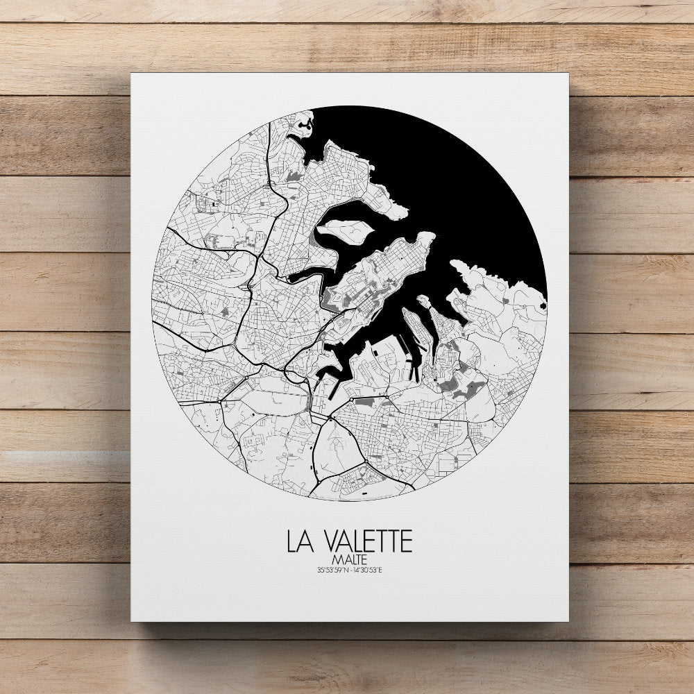Mapospheres valletta Black and White round shape design canvas city map