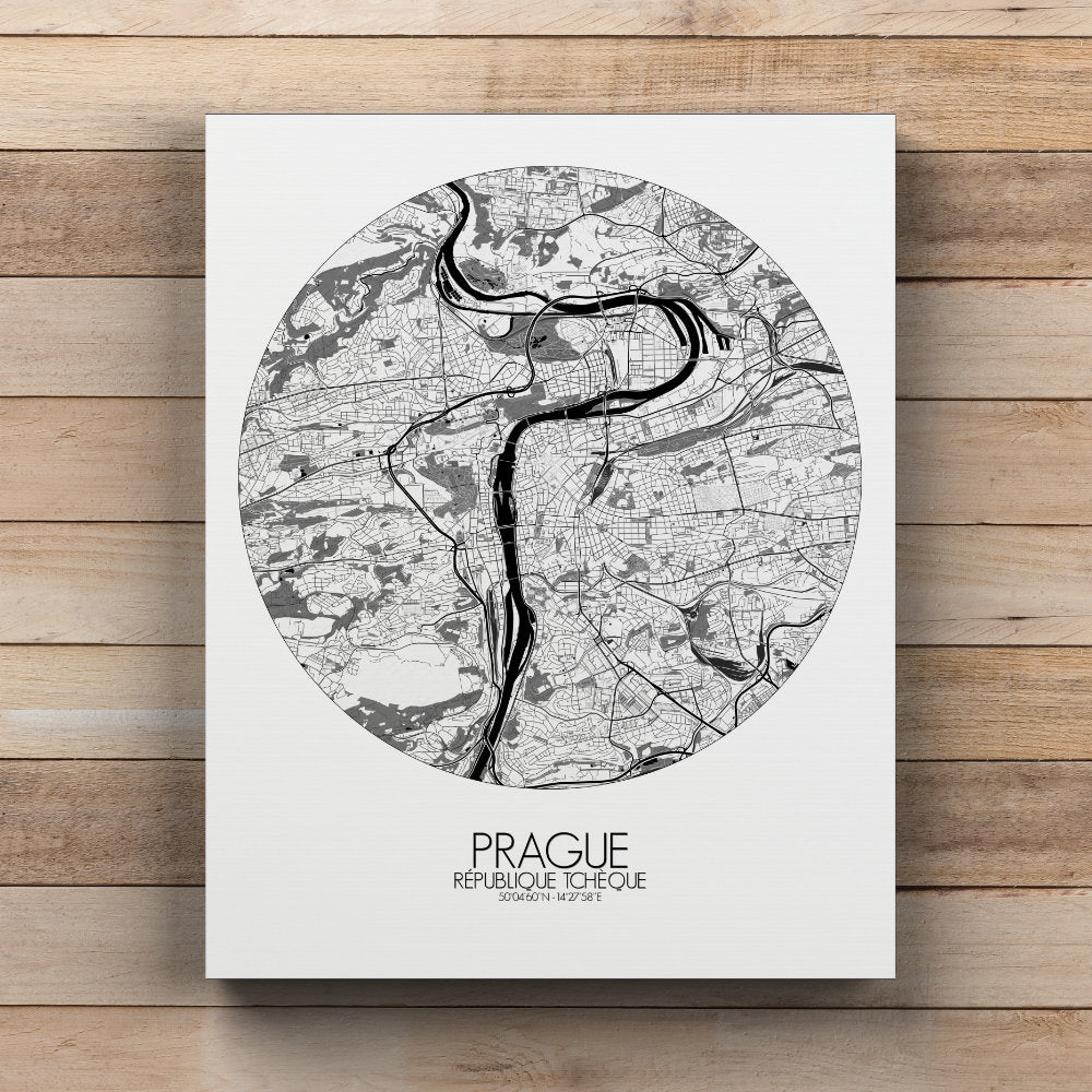 Mapospheres prague Black and White round shape design canvas city map