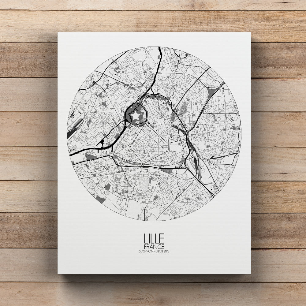 Mapospheres Lille Black and White round shape design canvas city map
