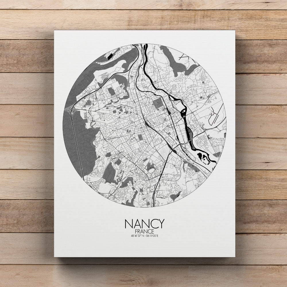 Mapospheres Nancy Black and White round shape design canvas city map