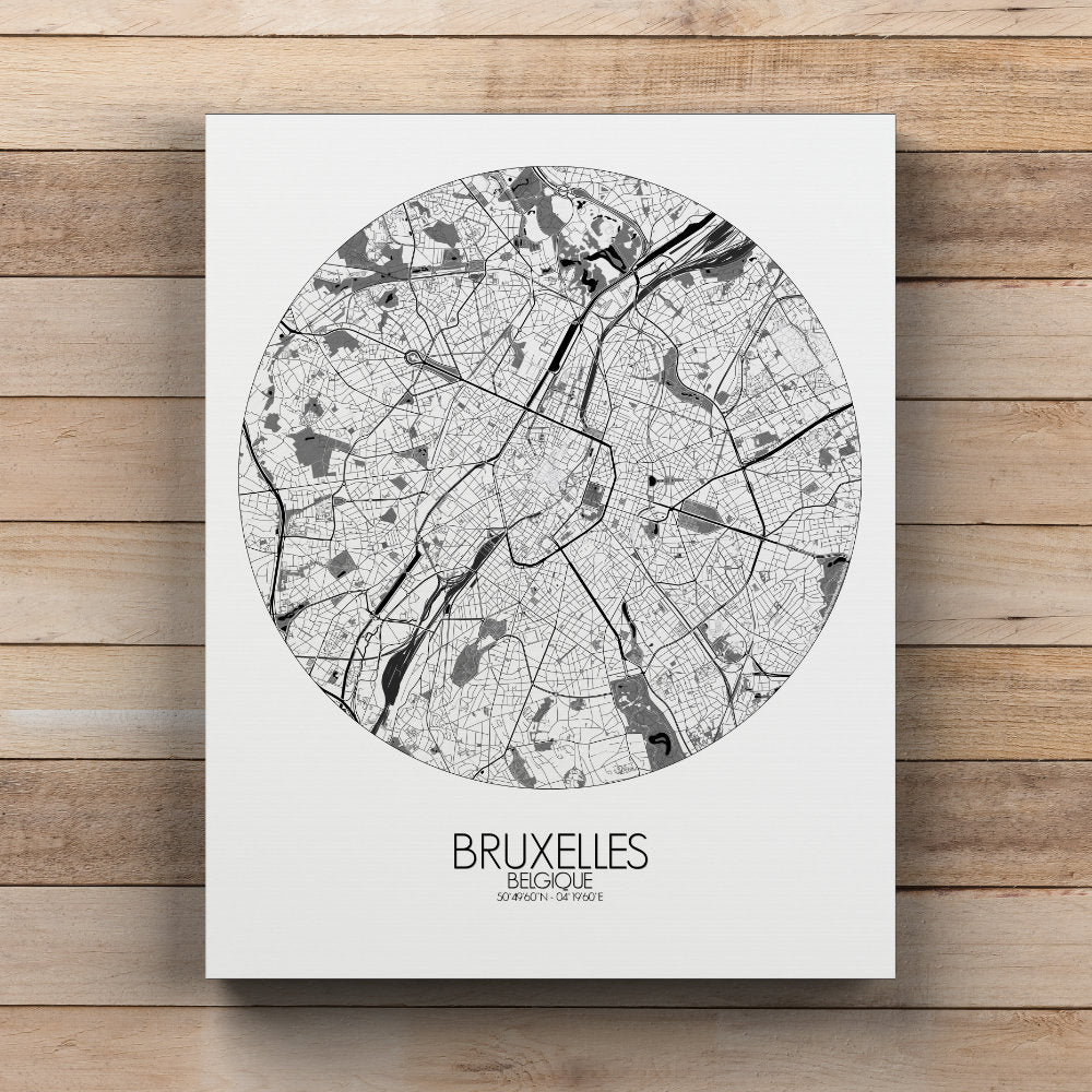 Mapospheres brussels Black and White round shape design canvas city map