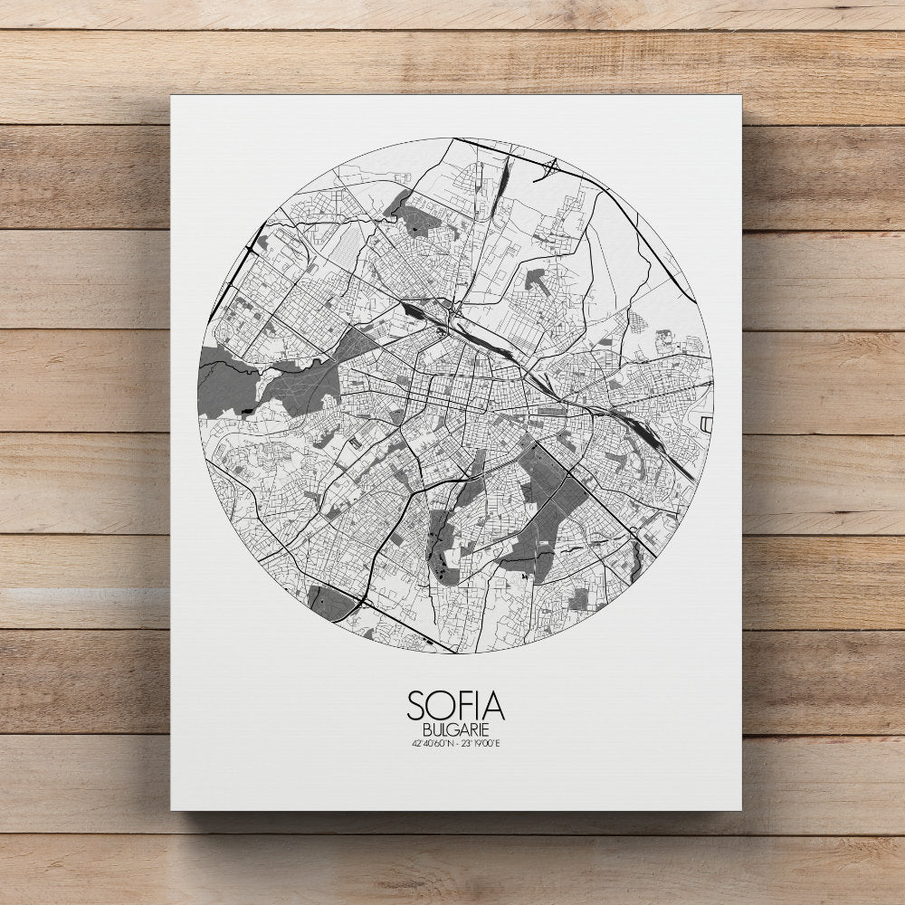 Mapospheres sofia Black and White round shape design canvas city map