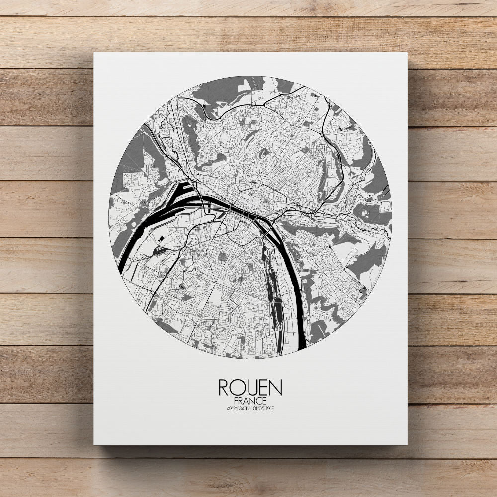 Mapospheres Rouen Black and White round shape design canvas city map