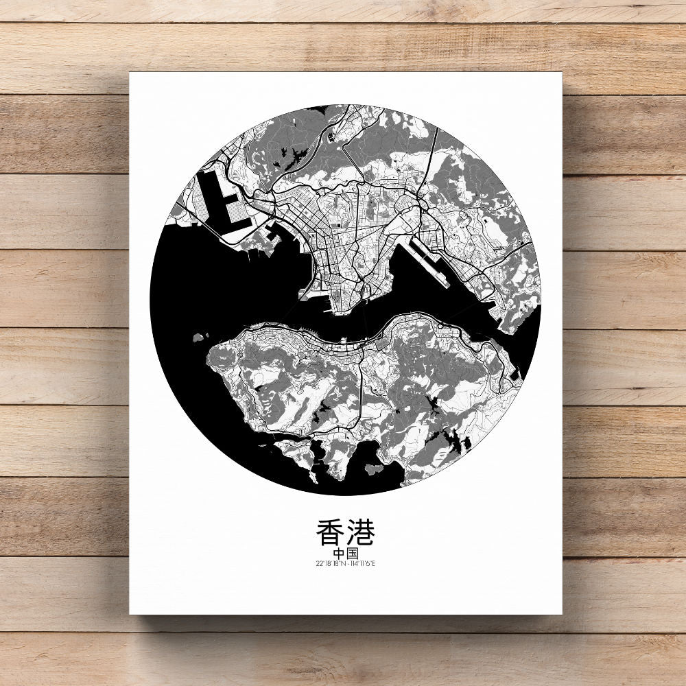 Mapospheres Hong Kong Black and White round shape design canvas city map