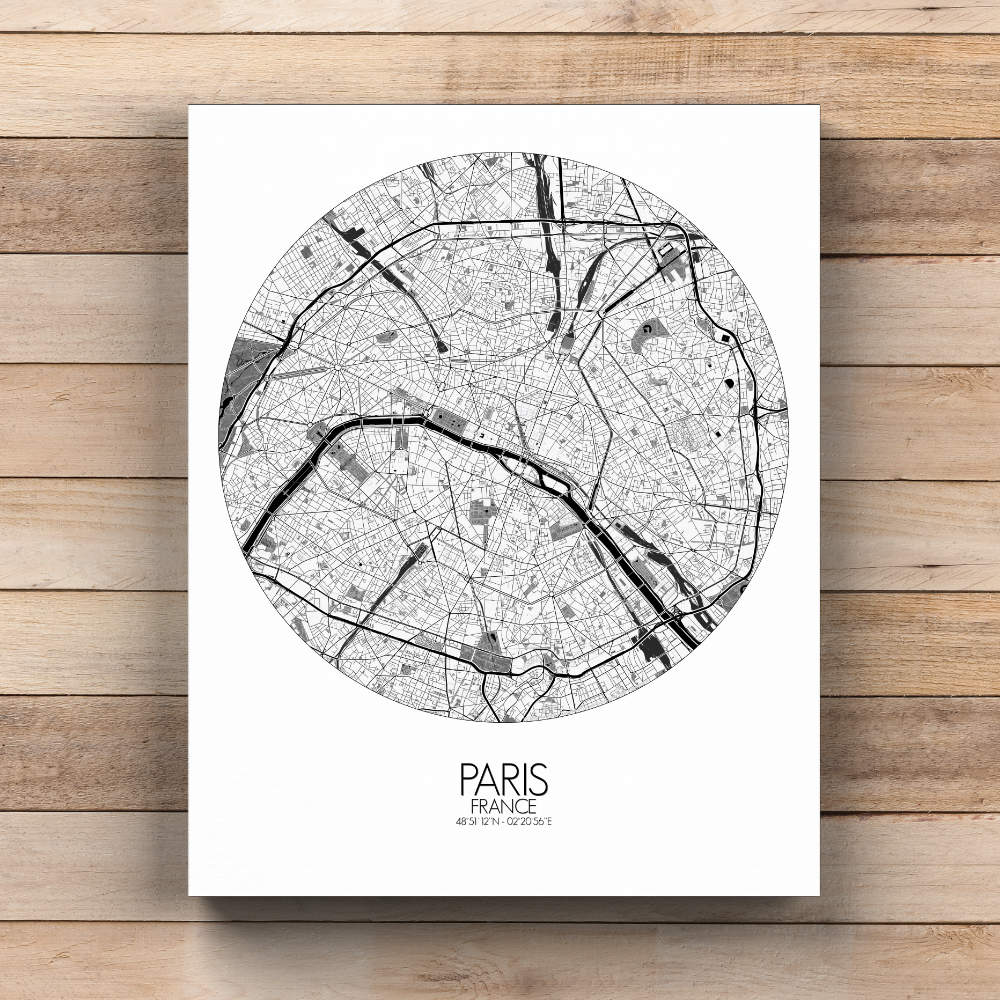Mapospheres Paris Black and White  round shape design canvas city map