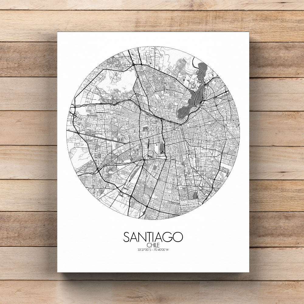 Mapospheres Santiago Black and White round shape design canvas city map