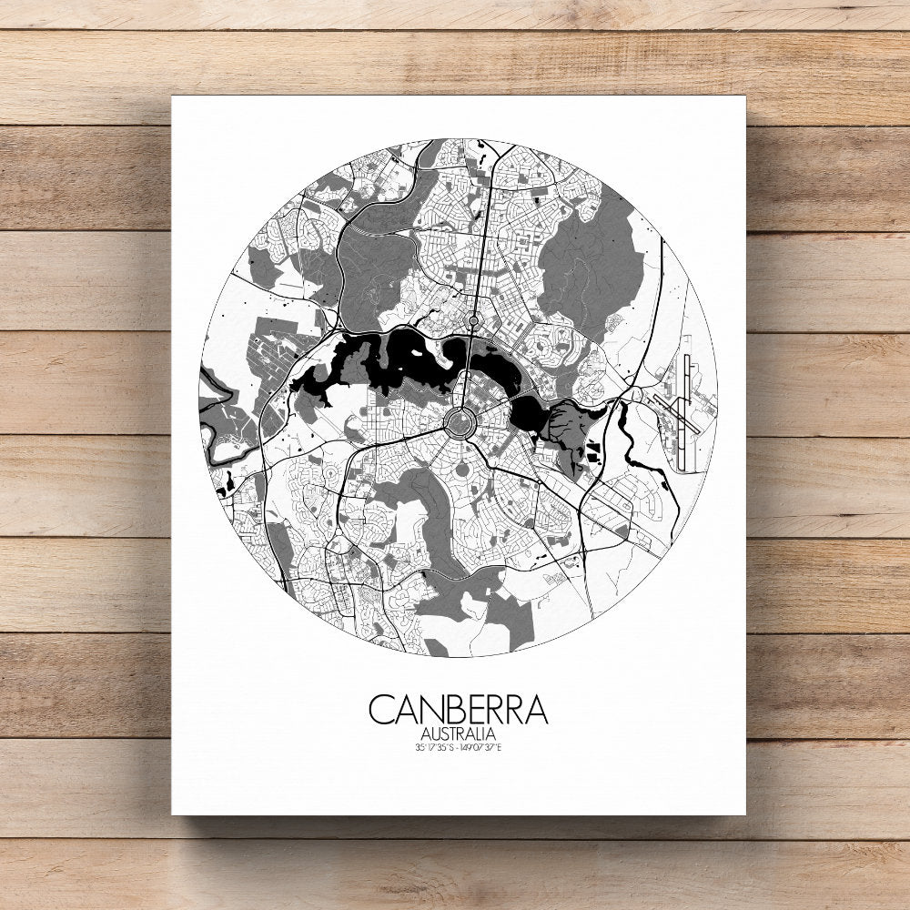 Mapospheres Canberra Black and White round shape design canvas city map