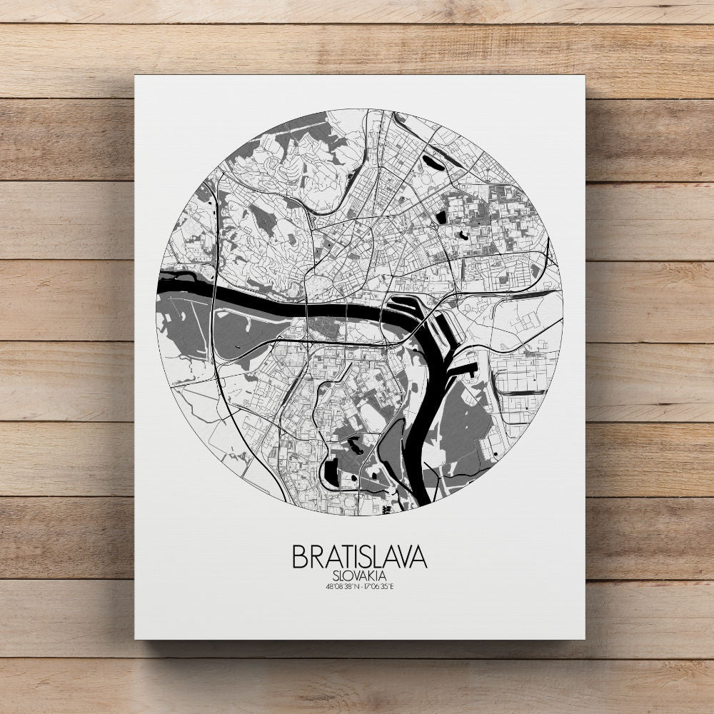 Mapospheres Bratislava Black and White round shape design canvas city map