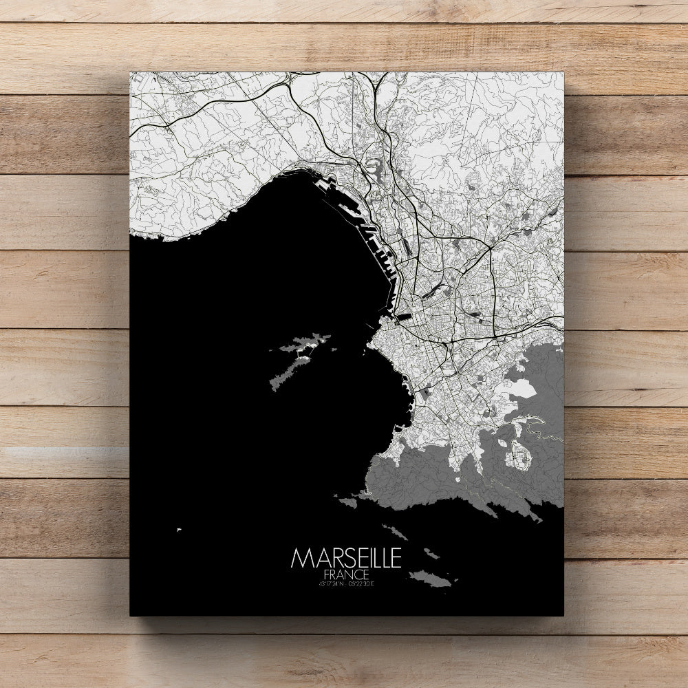 Mapospheres Marseille Black and White full page design canvas city map