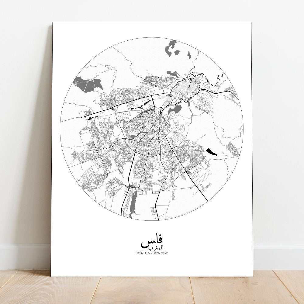 Mapospheres fez Black and White full page design canvas city map