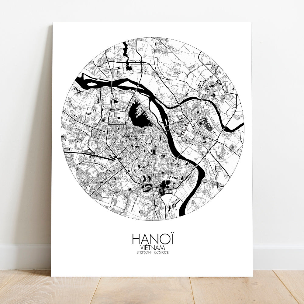 Mapospheres Hanoi Black and White round shape design canvas city map