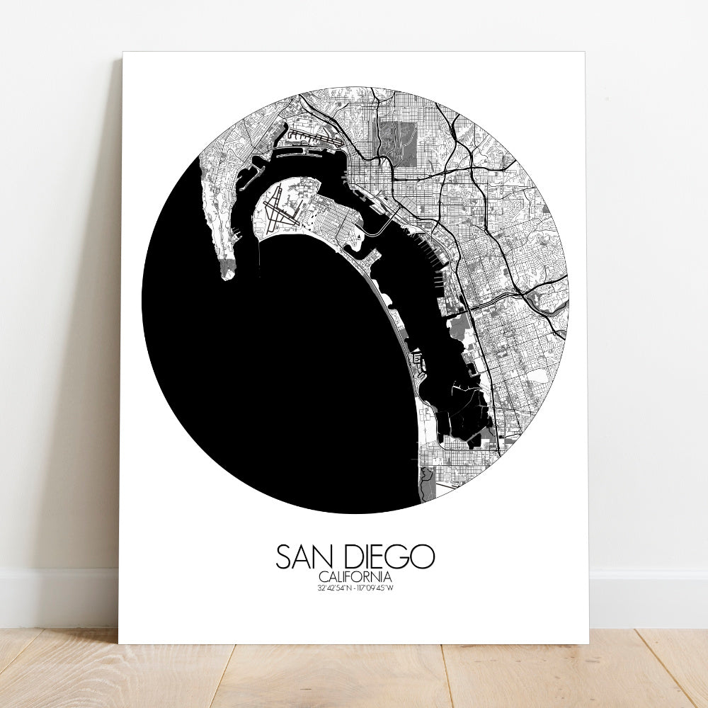 Mapospheres San Diego Black and White round shape design canvas city map