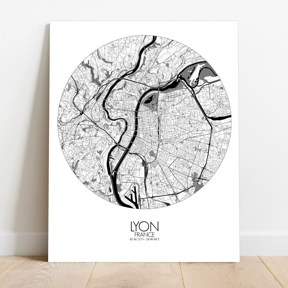 Mapospheres Lyon Black and White round shape design canvas city map