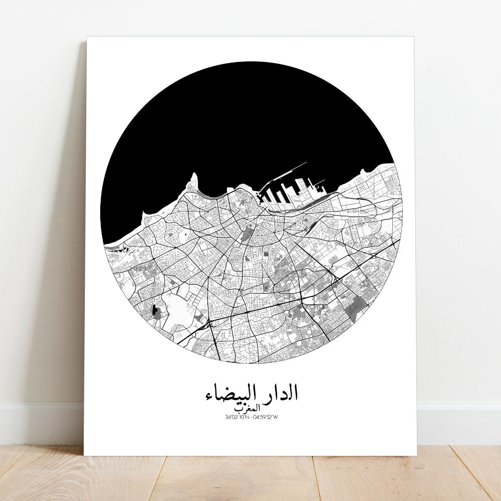 Mapospheres Casablanca Black and White round shape design canvas city map