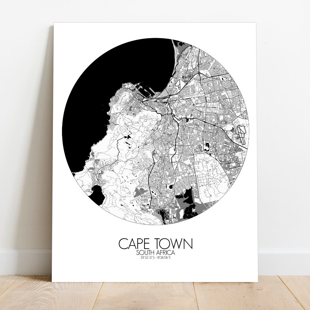 Mapospheres Cape Town Black and White round shape design canvas city map