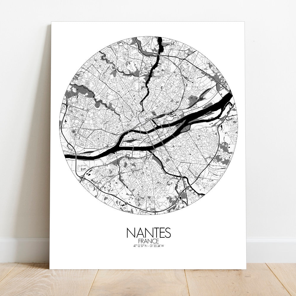 Mapospheres Nantes Black and White round shape design canvas city map