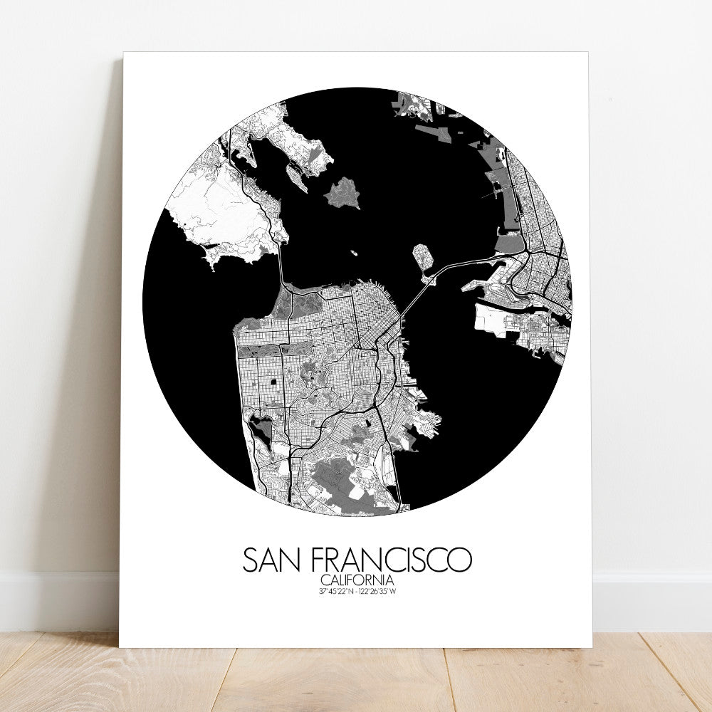 Mapospheres San Francisco Black and White round shape design canvas city map