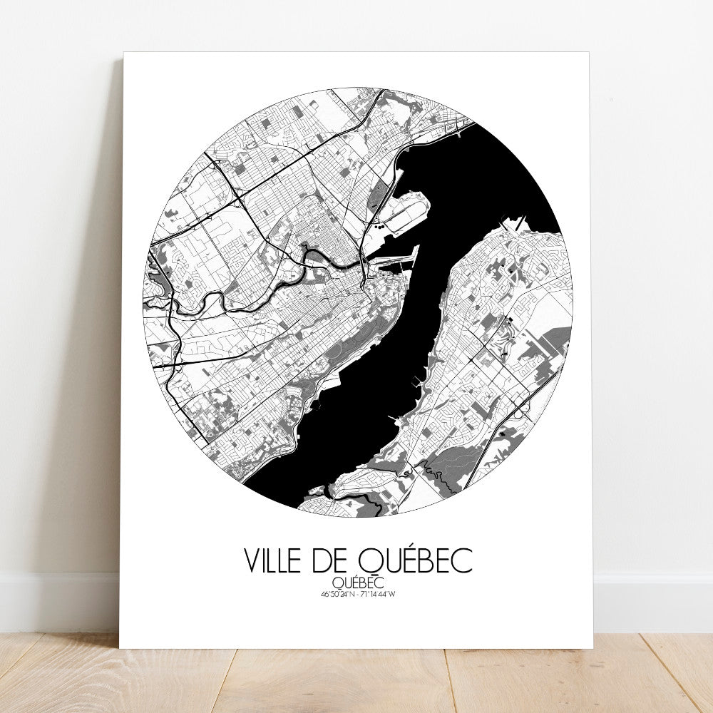 Mapospheres Quebec Black and White round shape design canvas city map