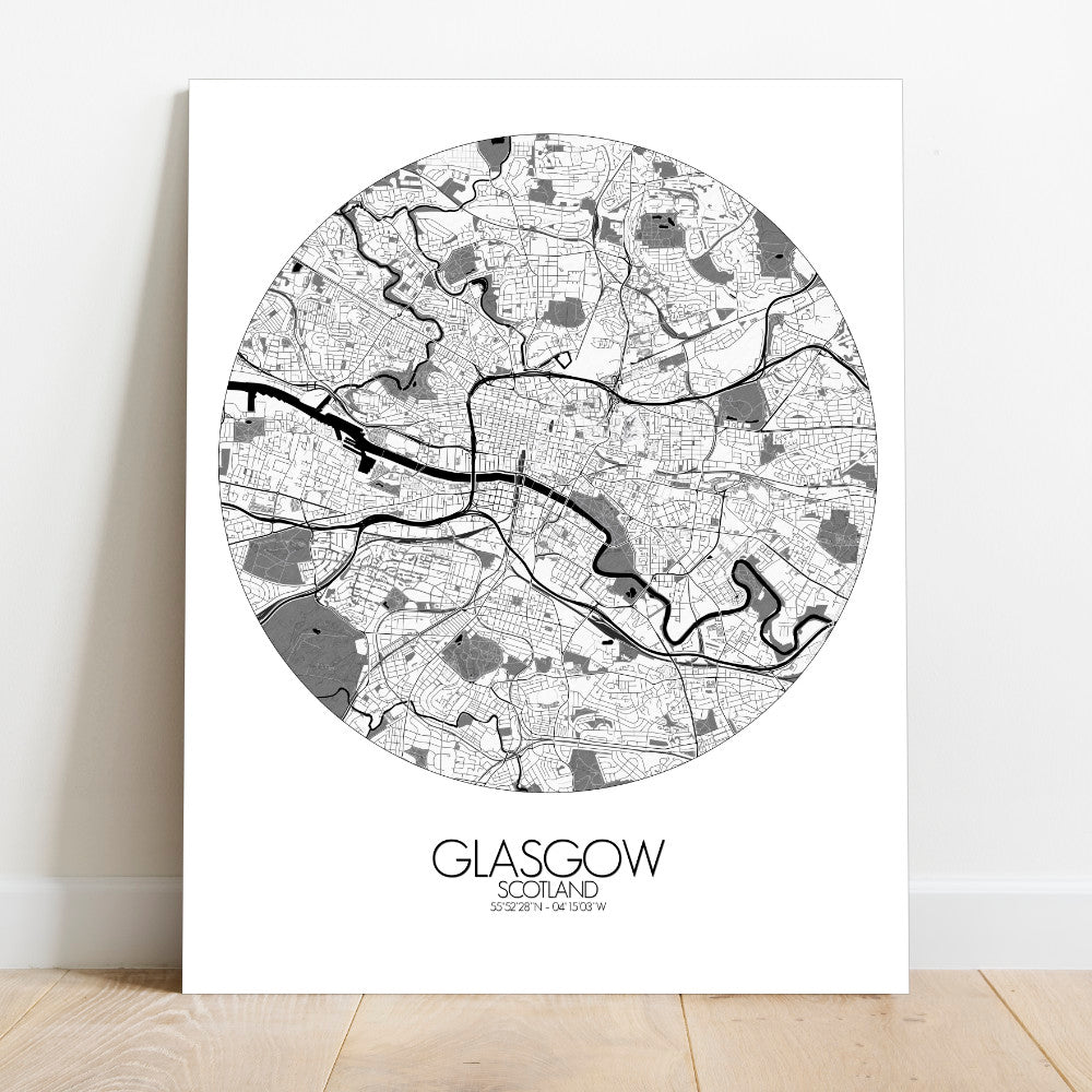 Mapospheres Glasgow Black and White round shape design canvas city map