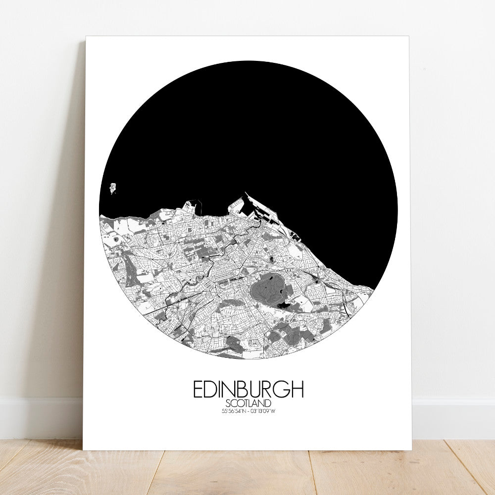 Mapospheres Edinburgh Black and White round shape design canvas city map