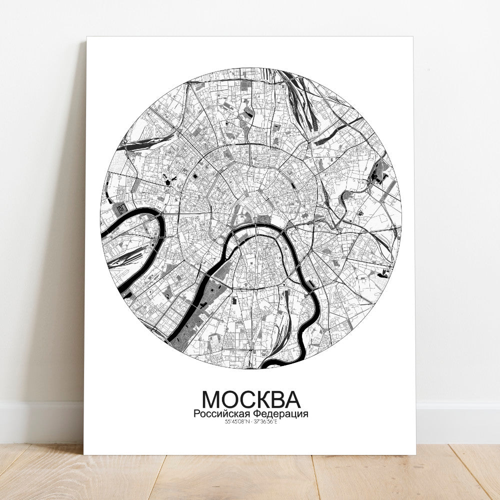 Mapospheres Moscow Black and White round shape design canvas city map