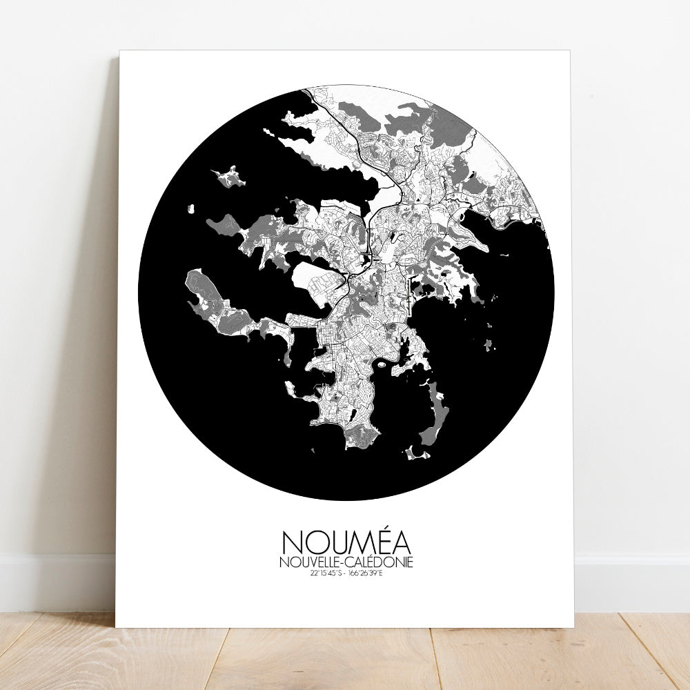 Mapospheres Noumea Black and White round shape design canvas city map
