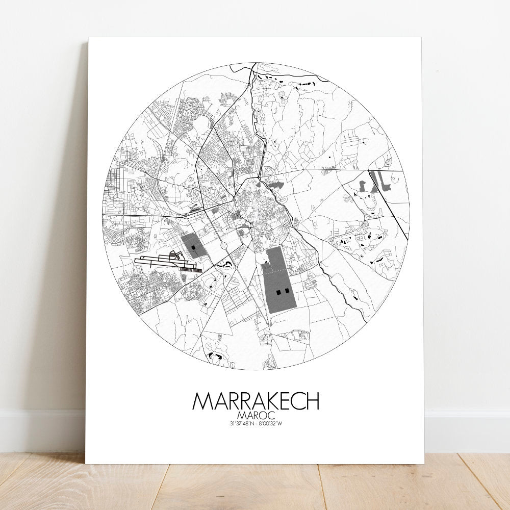 Mapospheres Marrakesh Black and White round shape design canvas city map