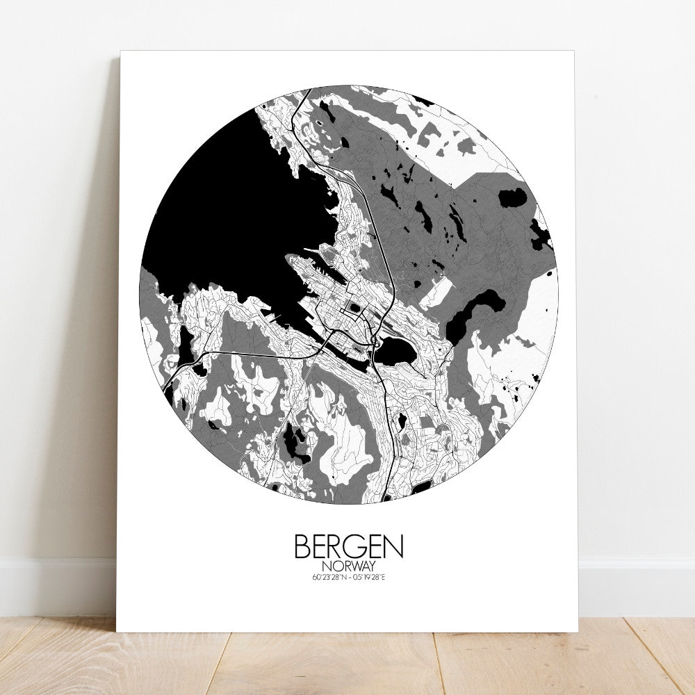 Mapospheres Bergen Black and White round shape design canvas city map