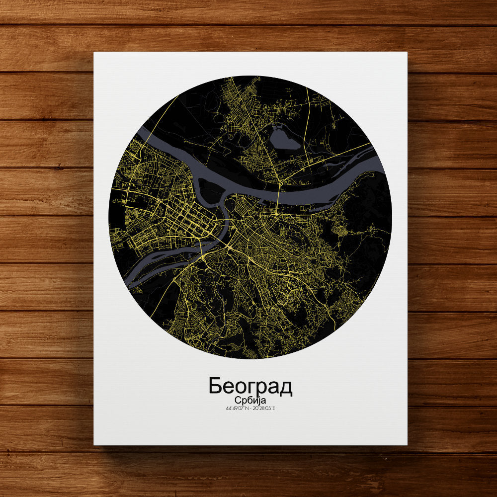 Mapospheres Belgrade Night round shape design canvas city map