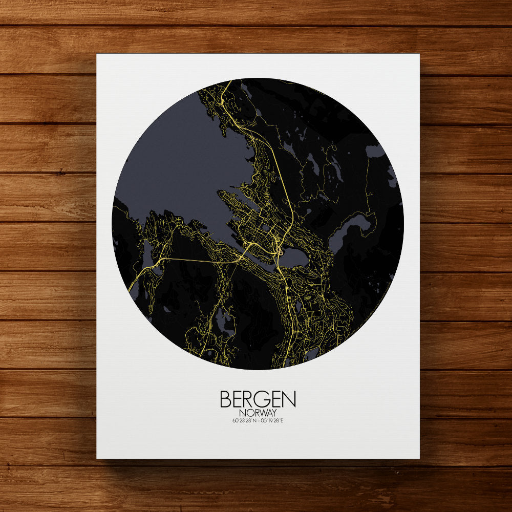 Mapospheres Bergen Night round shape design canvas city map
