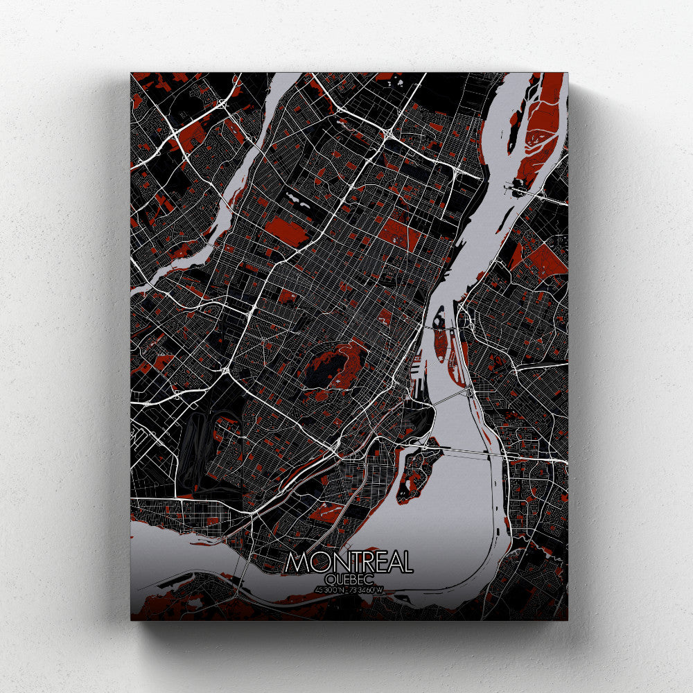 Mapospheres Montreal Red dark full page design canvas city map