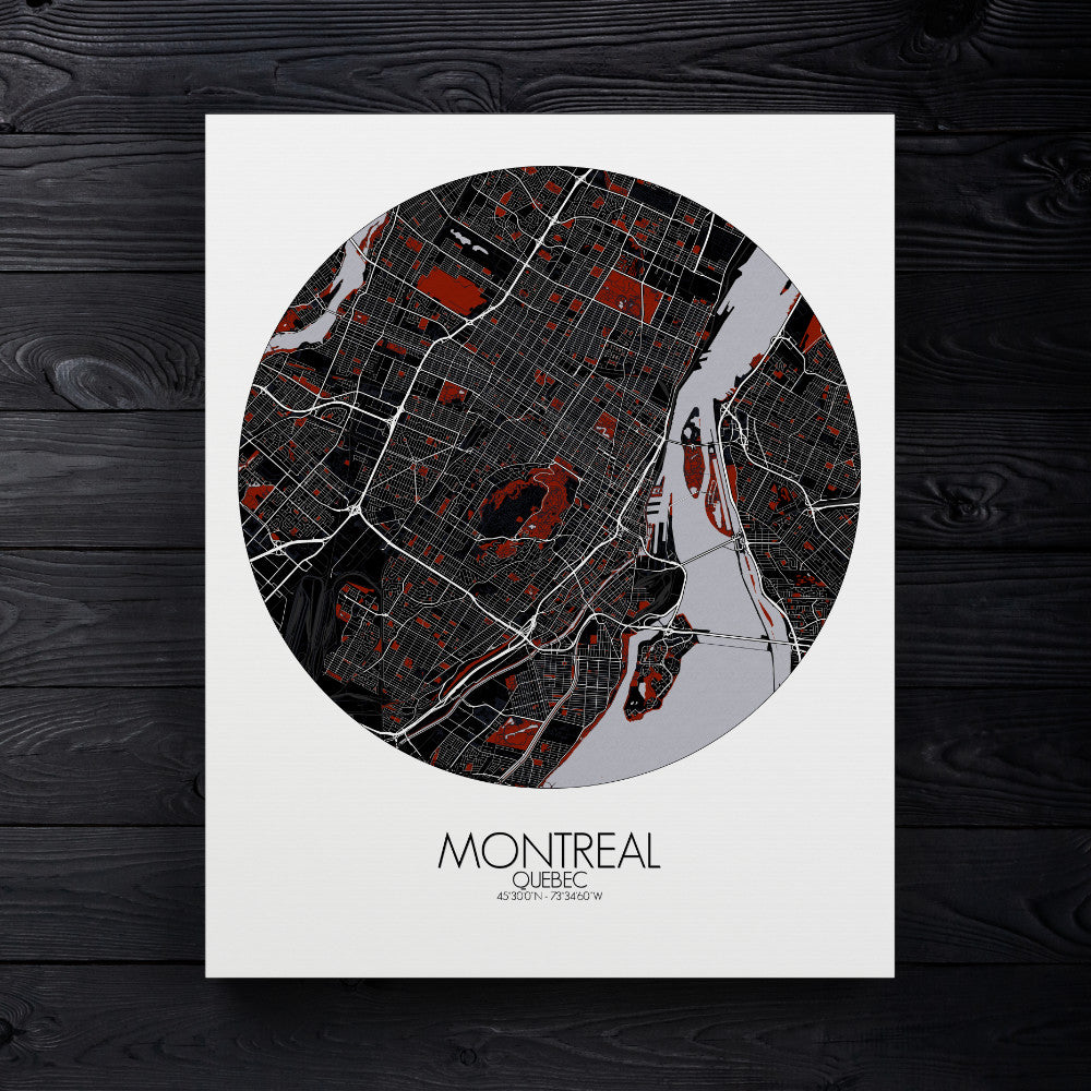Mapospheres Montreal Red dark round shape design canvas city map