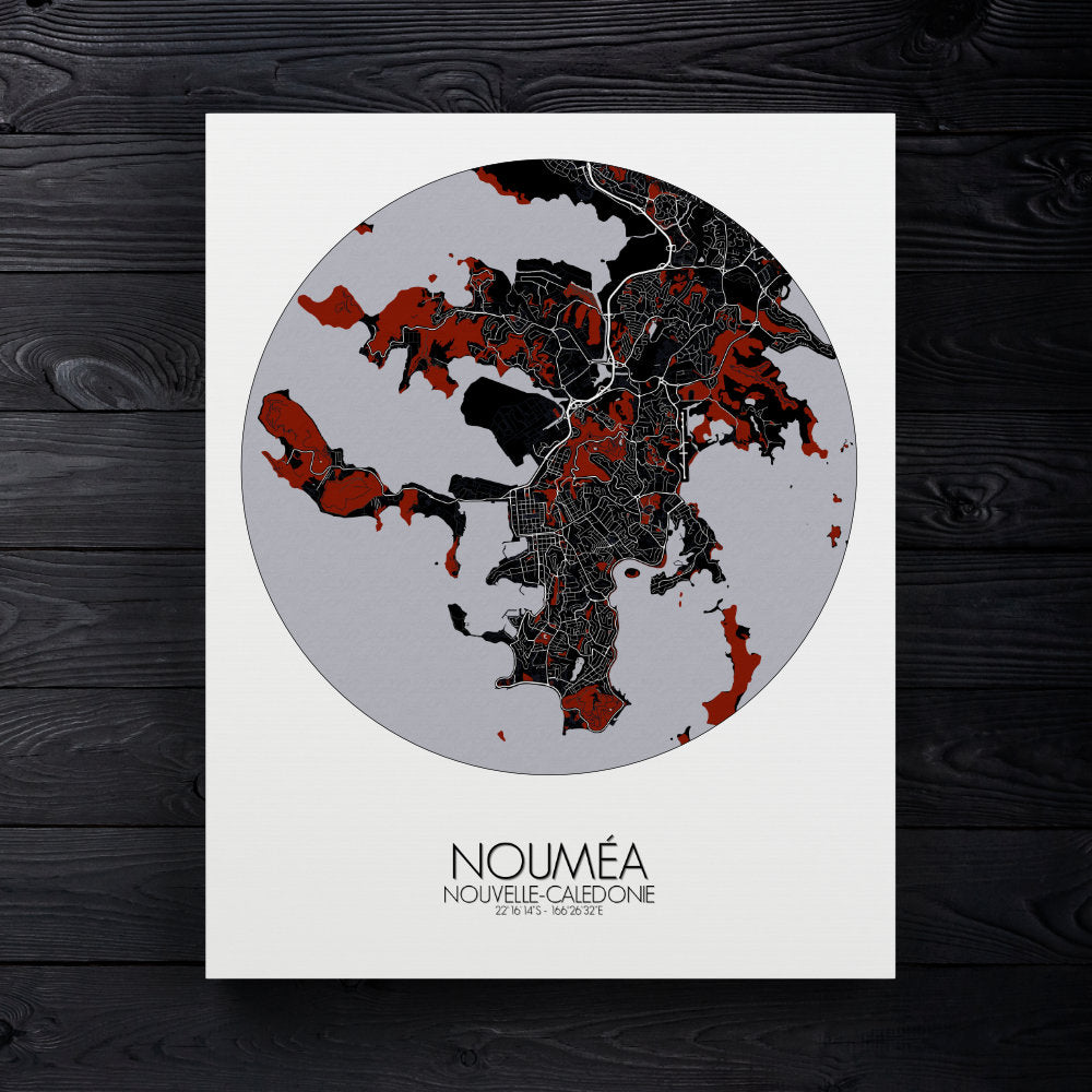 Mapospheres Noumea Red dark round shape design canvas city map