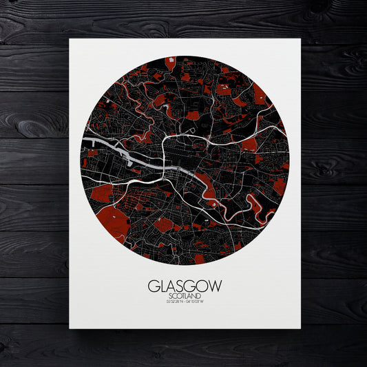 Mapospheres Glasgow Red dark round shape design canvas city map