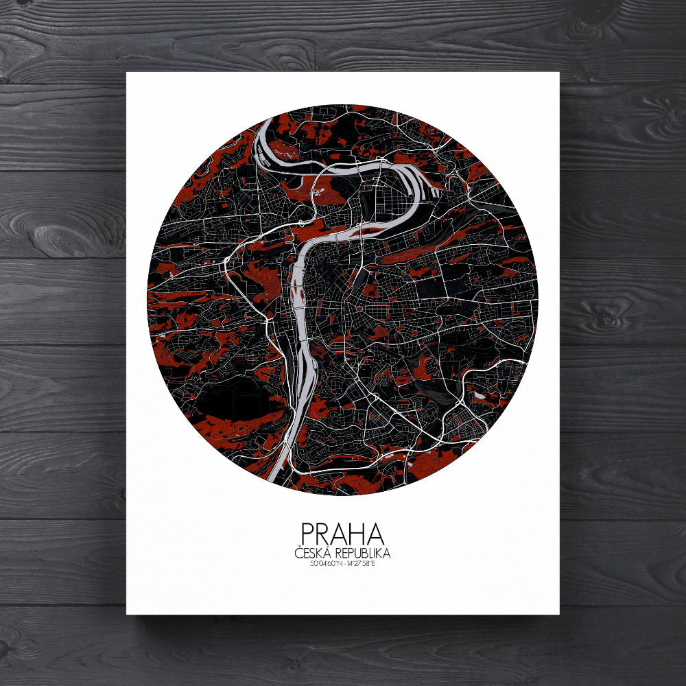 Mapospheres prague Red Dark round shape design canvas city map
