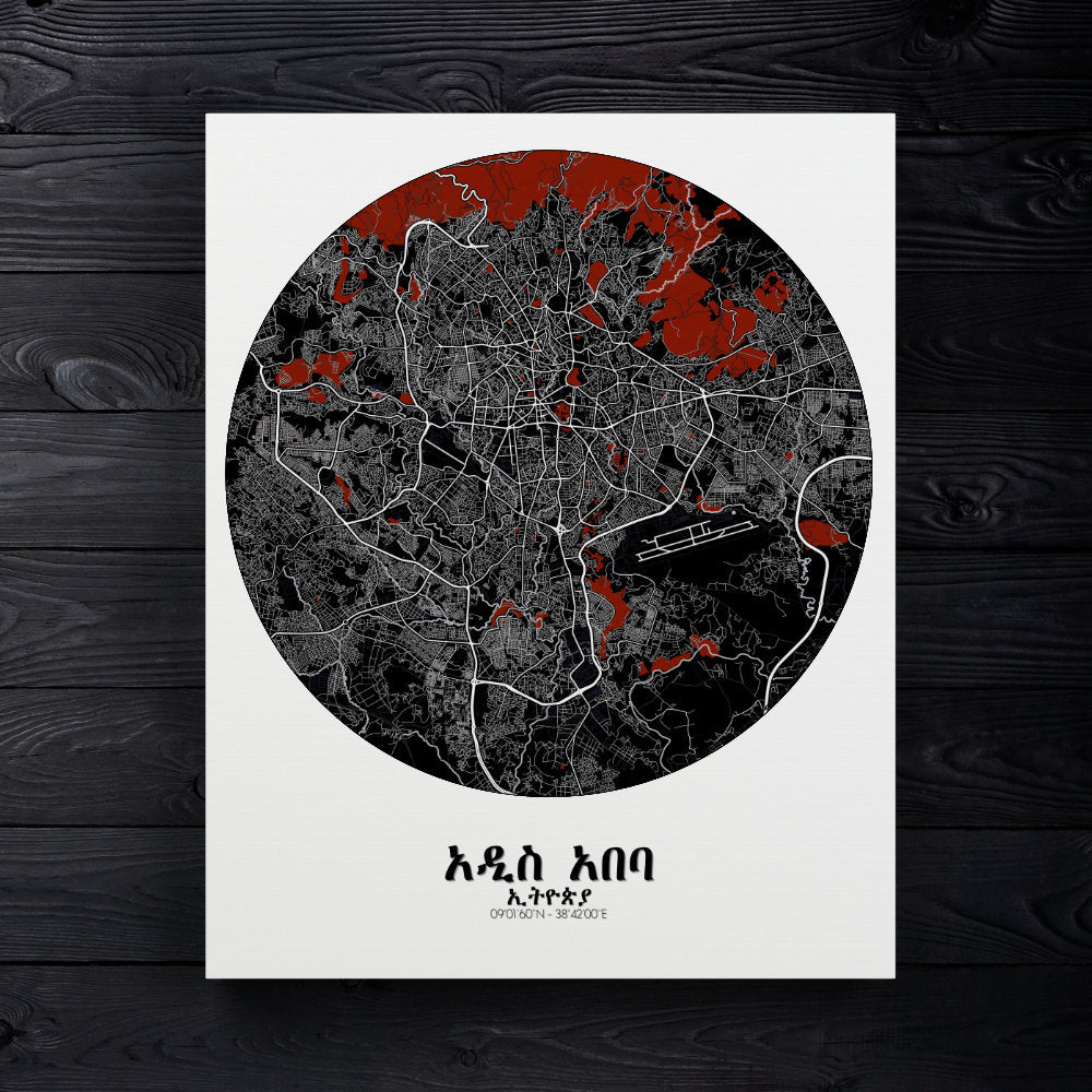 Mapospheres Addis Ababa Red dark round shape design canvas city map