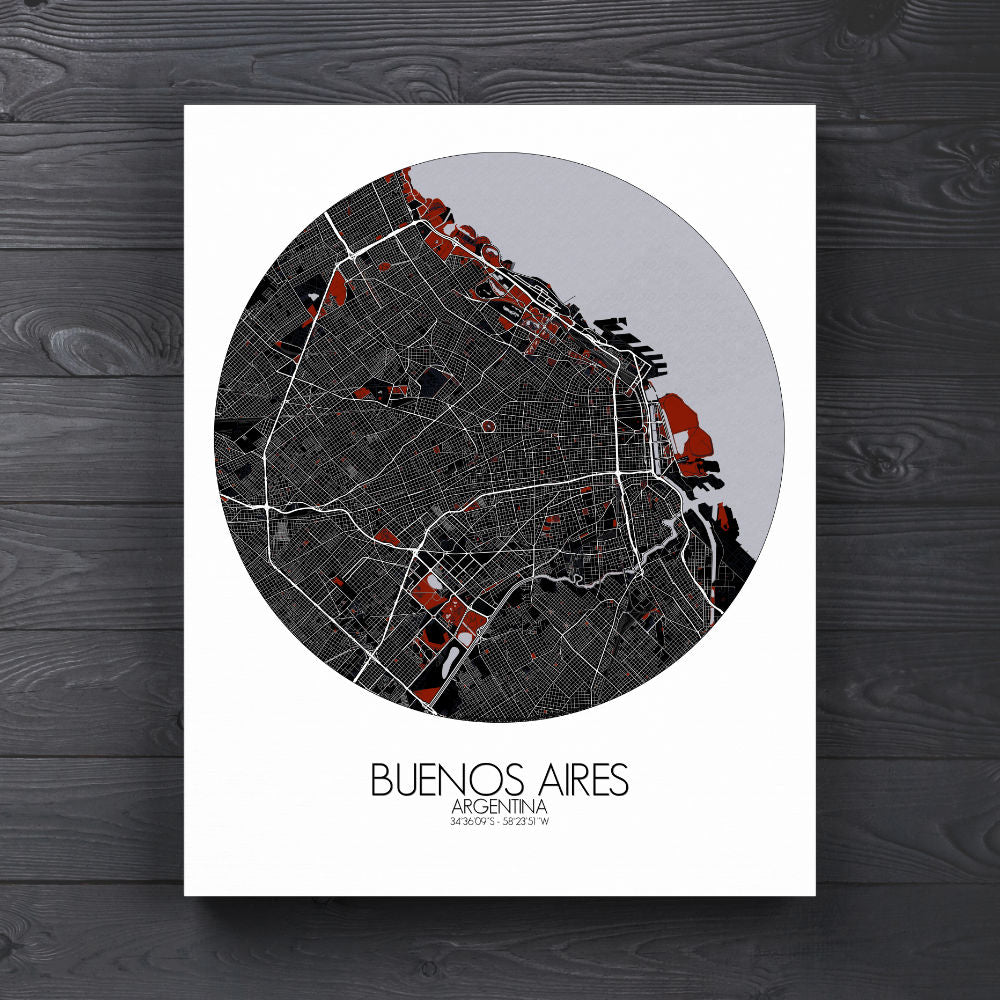 Mapospheres Buenos Aires Red dark round shape design canvas city map