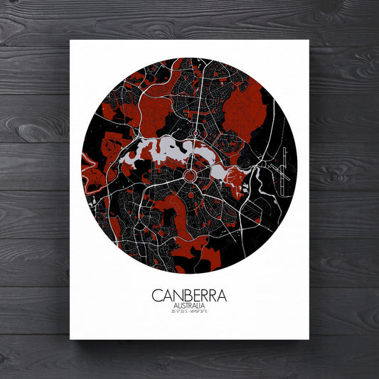 Mapospheres Canberra Red dark round shape design canvas city map