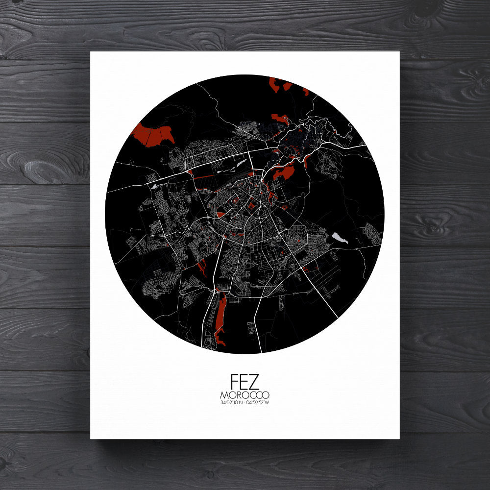 Mapospheres fez Red Dark round shape design canvas city map
