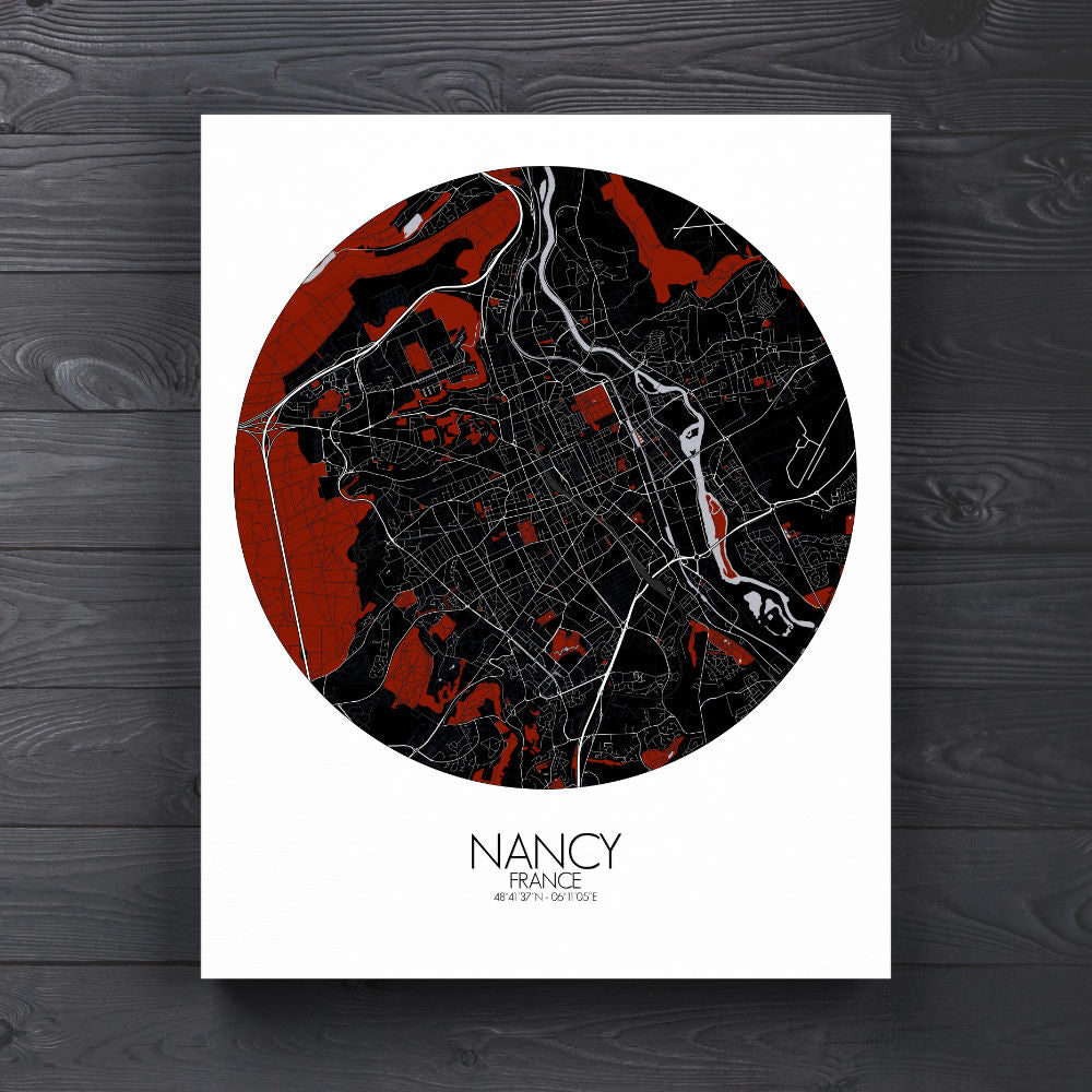 Mapospheres Nancy Red dark round shape design canvas city map