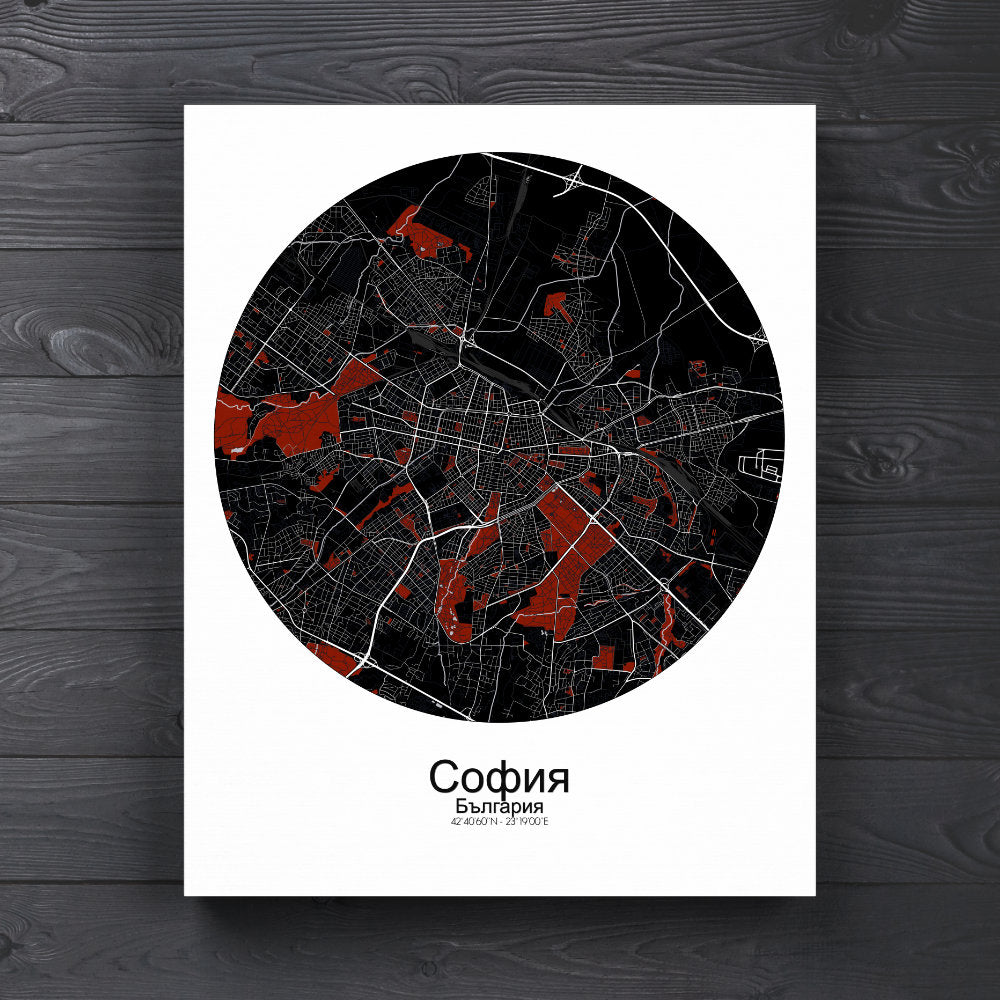 Mapospheres sofia Red Dark round shape design canvas city map