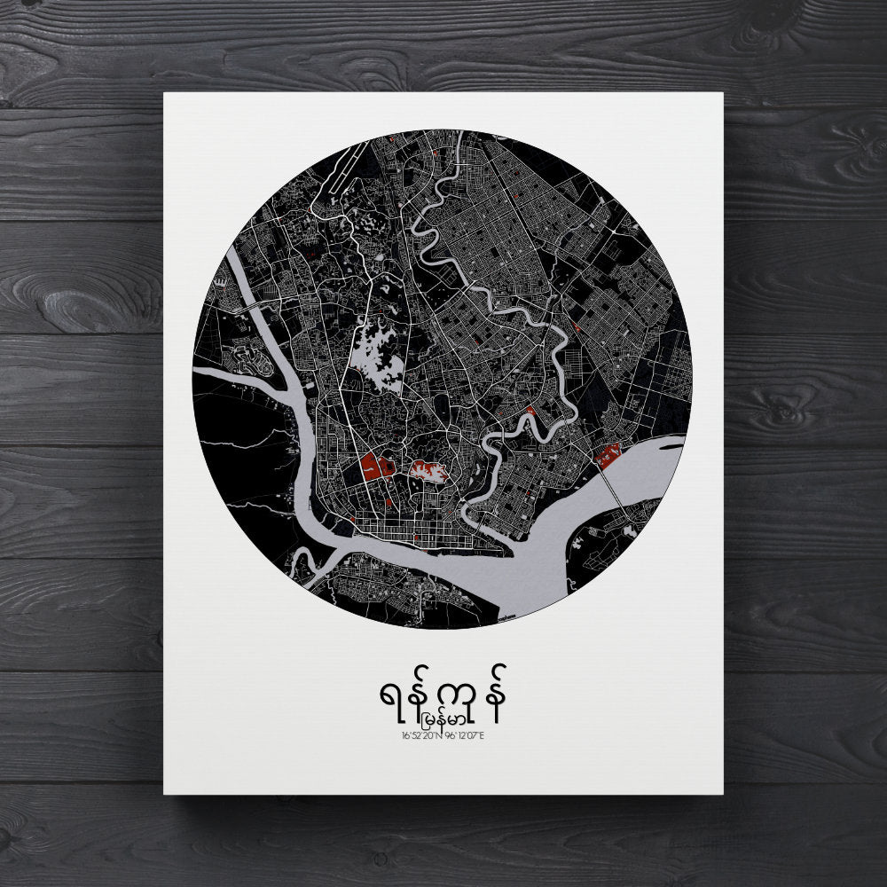 Mapospheres yangon Red Dark round shape design canvas city map