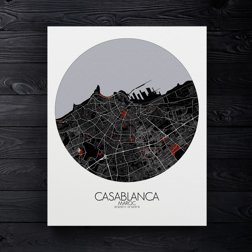 Mapospheres Casablanca Red dark round shape design canvas city map
