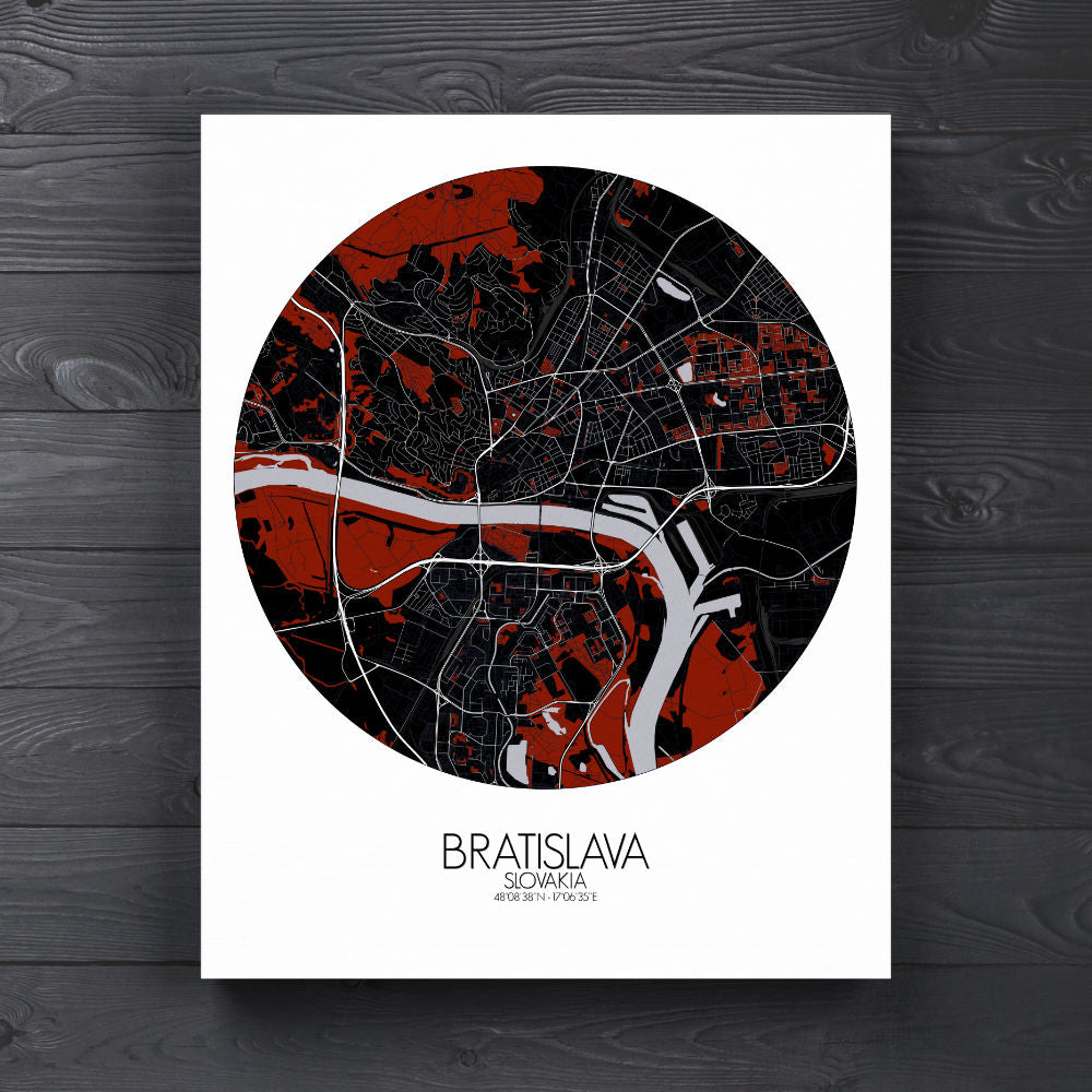 Mapospheres Bratislava Red dark round shape design canvas city map