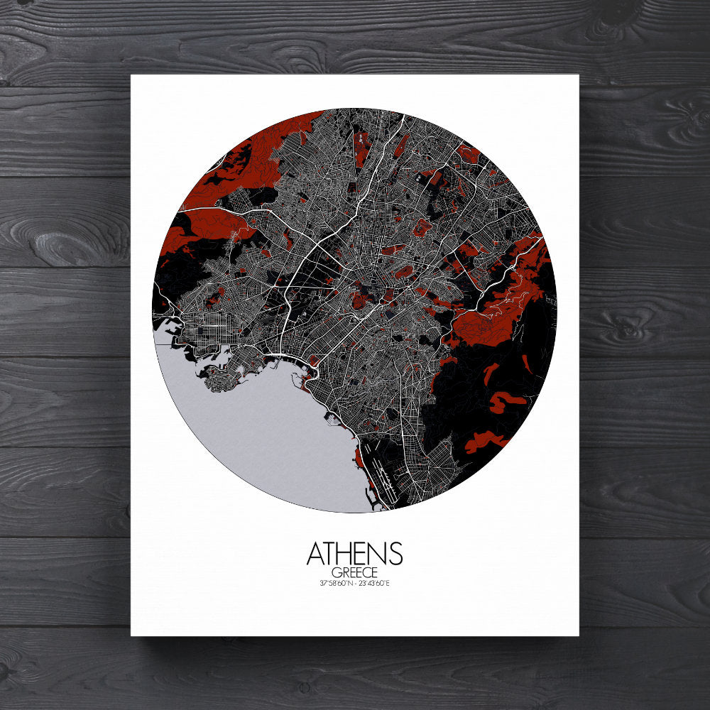 Mapospheres athens Red Dark round shape design canvas city map